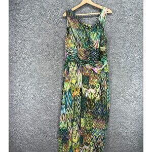 Idea Piu Dress Women M Medium Green Geometric Maxi Long V-Neck Sleeveless Casual